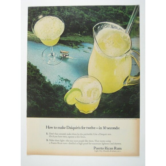 Vintage Puerto Rican Rum Daiquiri Recipe Print Ad Tropical River Boat Bar Decor - Picture 1 of 2
